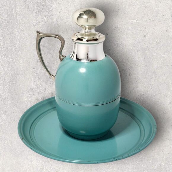 Vintage Manning Bowman Art Deco Turquoise Thermos & Tray w/ Glass Stopper Chrome - Picture 2 of 16